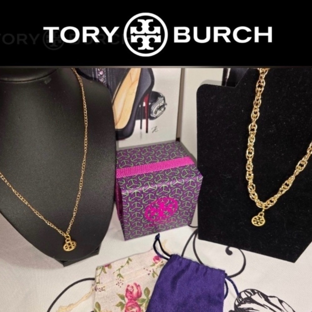 2 TORY BURCH Charms Upcylcled on Unbranded Necklaces w/Gift Box & Dust Bags, EUC